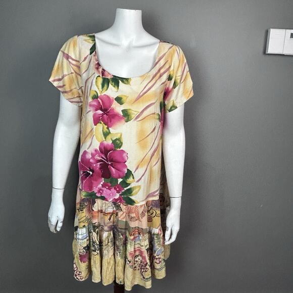 JAMS WORLD Dress XL Hawaiian Floral Patchwork Tropical Hibiscus VTG pink - Picture 1 of 7